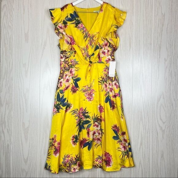 Julia Jordan Flutter Sleeve Tie Front Midi Dress Yellow Floral Size 6 - Picture 2 of 9